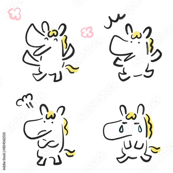 Obraz 墨絵のかわいい白馬の色々な感情と表情のセット　喜ぶ・驚く・怒る・泣く