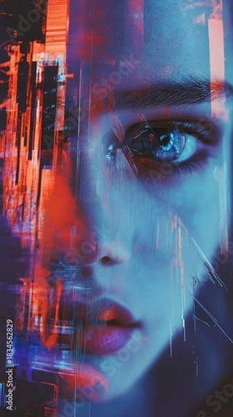 Fototapeta A woman's face is shown in a blurry, distorted way