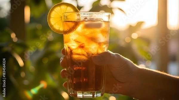 Fototapeta Close-up of a Hand Holding a Tall Glass of Iced Tea Garnished with a Lemon Slice, Backlit by Golden Sunset Light with Bokeh