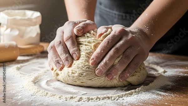 Fototapeta Close-up of Human Hands Kneading and Shaping Fresh Bread Dough on a Wooden Surface Covered with Flour, Showing the Baking Process