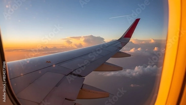 Fototapeta View from Passenger Window of an Airplane Wing and Red Winglet Flying Above the Clouds During a Golden Sunrise or Sunset