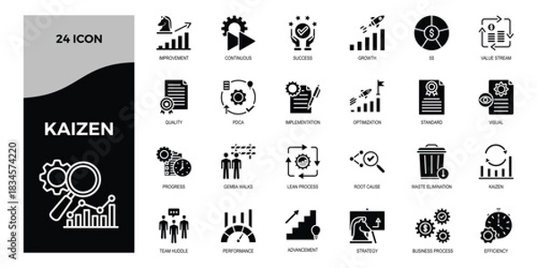 Fototapeta Kaizen Five Steps Workplace Efficiency Icon glyph