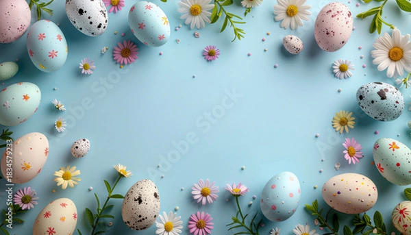 Fototapeta aster Eggs Flat Lay with Colorful Decorated Eggs and Spring Flowers — Pastel Holiday Flat Lay Photography