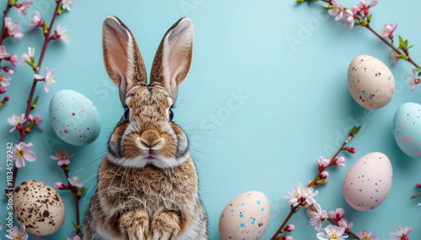 Fototapeta Easter Bunny Decorations Flat Lay with Eggs and Spring Elements — Pastel Holiday Styling Photography