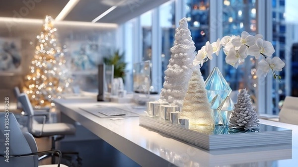 Obraz Modern office Christmas decor with illuminated trees, elegant orchids, and cityscape view creating a festive and sophisticated holiday atmosphere in a high-rise setting