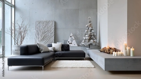 Fototapeta Cozy Christmas Living Room with Modern Decor, Fireplace Ambiance, and a Stylish Sofa creating a warm and inviting holiday atmosphere enhanced by soft lighting