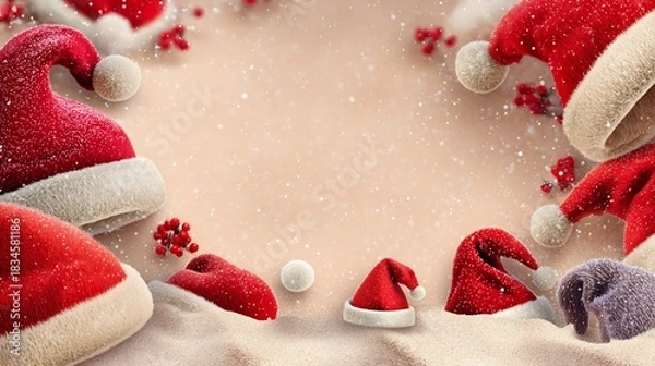 Fototapeta Festive Christmas Border with Santa Hats, Berries, and Snowflakes on a Sandy Beige Background, Holiday Season Decoration with Copy Space, High Detail