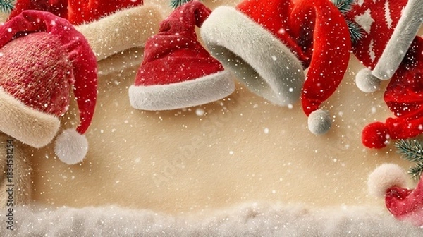 Fototapeta Festive Christmas Border with Santa Hats and Snowflakes on a Beige Background, Holiday Season Decoration with Copy Space, Soft Texture and High Detail