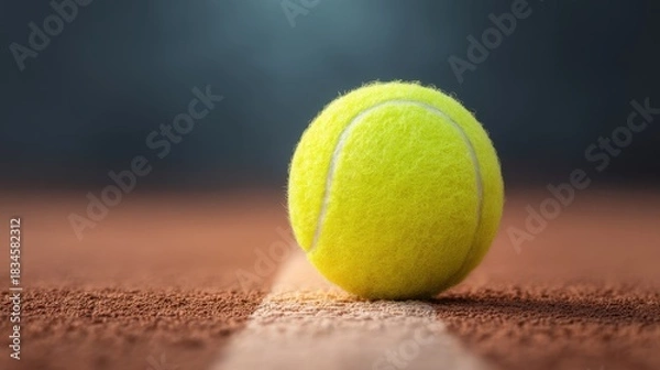 Fototapeta Vibrant Yellow Tennis Ball on Clay Court Surface with Soft Focus Background Ideal for Sports and Recreation Projects
