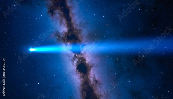 Fototapeta A bright comet streaks across a star-filled night sky, glowing blue within a dense cosmic cloud.