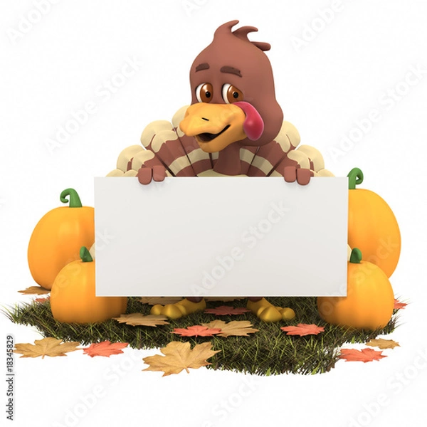 Obraz Cartoon Thanksgiving Turkey with Blank Sign