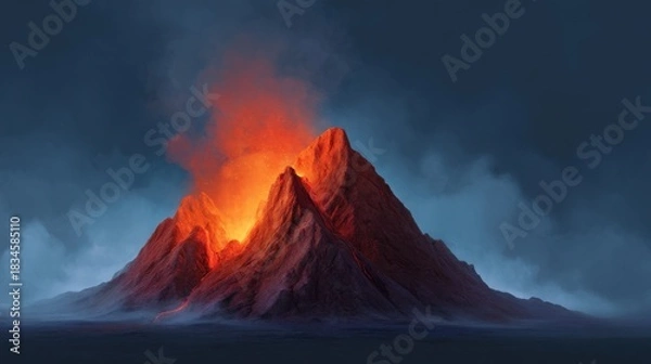 Fototapeta Majestic Eruption of a Volcano at Night, Lava and Smoke Illuminating the Sky, Dramatic Landscape with Fiery Colors and Dark Clouds Surrounding the Mountain
