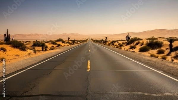 Fototapeta Long Straight Asphalt Desert Highway Running to the Horizon Through Sand Dunes and Cacti Under a Clear, Hazy Sky, Symbolizing Freedom