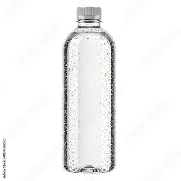Obraz A clear plastic bottle filled with refreshing water, covered in condensation droplets, standing upright against a plain white background.
