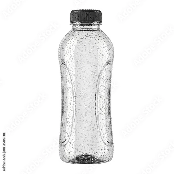 Obraz Clear plastic water bottle with condensation droplets, black cap, isolated on white background.