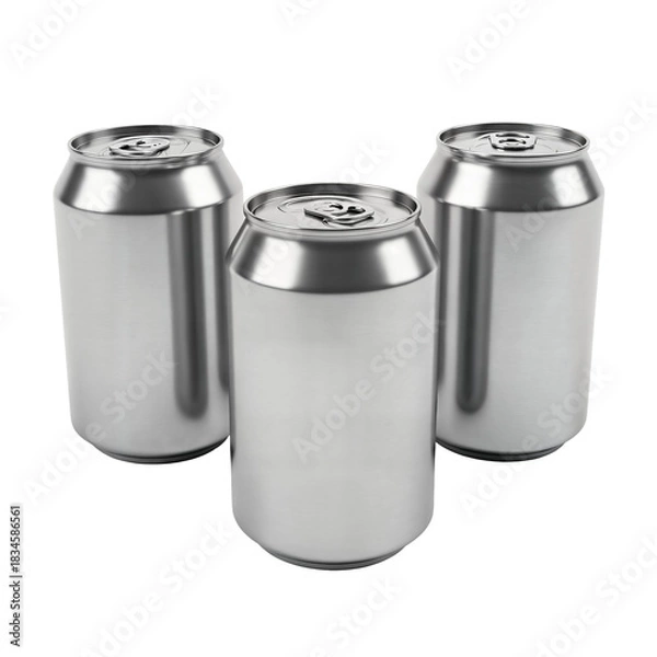 Obraz Three blank silver aluminum cans standing upright on a white background, ready for branding or recycling.