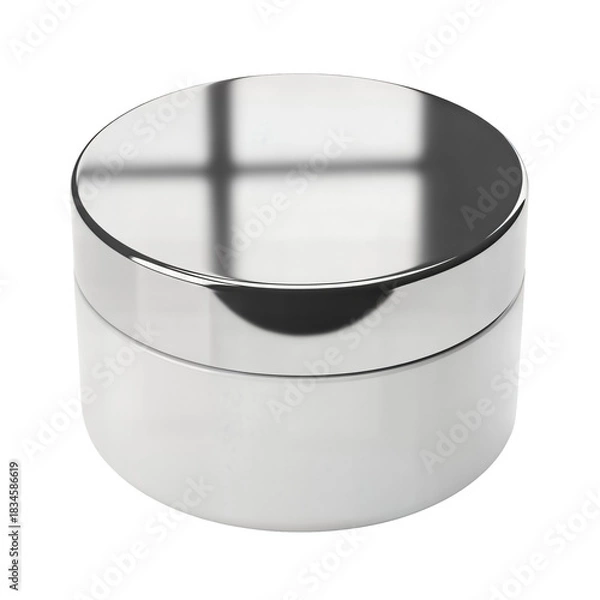 Obraz Shiny silver container with lid, round shape, and reflective surface.