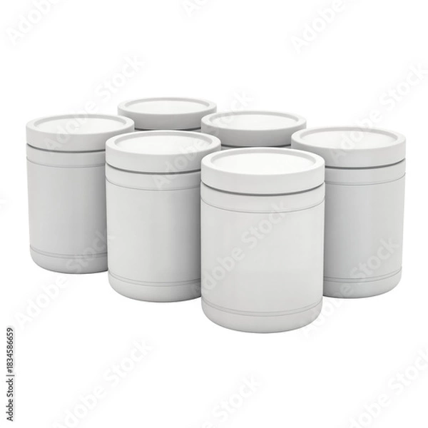 Obraz Six white cylindrical containers with lids, arranged in a group, isolated on white.