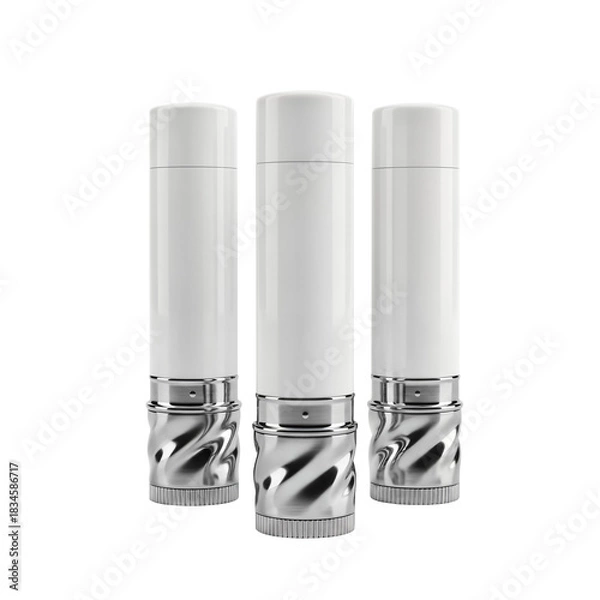Obraz A set of three modern white and chrome salt and pepper grinders isolated on a white background.