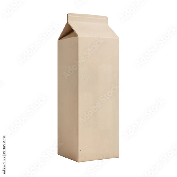 Obraz A plain, unbranded, light brown cardboard carton, likely for milk or juice, stands upright against a white background.