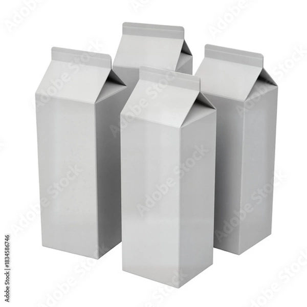 Obraz Four plain white unbranded cardboard cartons, commonly used for milk or juice, standing upright on a white background.