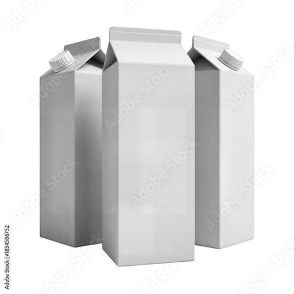 Obraz Three white milk cartons, each with a cap, stand upright against a white background.