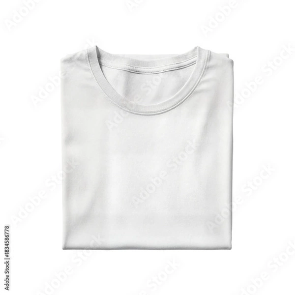 Obraz A clean, folded white t-shirt is presented against a stark white background, highlighting its simple design and fabric texture.