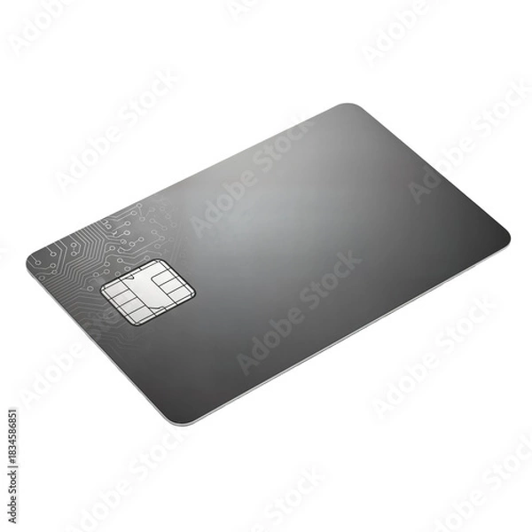 Obraz A close-up shot of a sleek, gray credit card with a chip, angled on a white background.