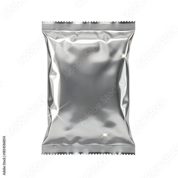 Obraz Shiny silver foil bag isolated on white background, blank packaging.