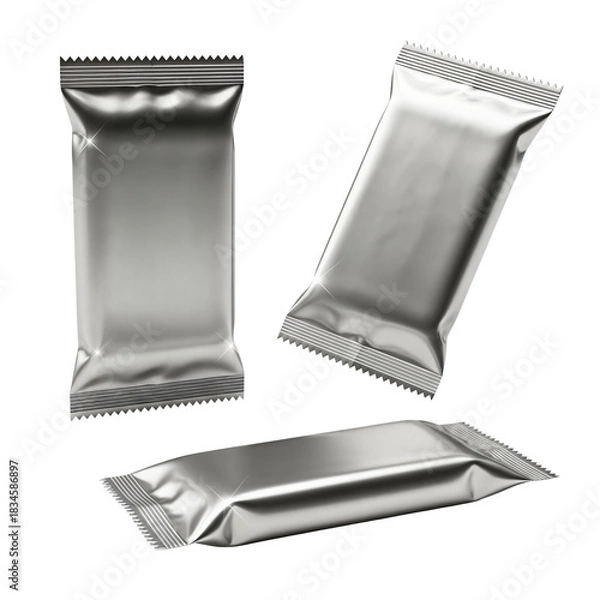 Obraz Three generic silver foil snack bar wrappers displayed against a white background, suitable for product mockups.