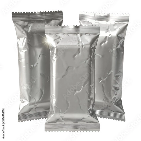 Obraz Three shiny silver foil wrapped rectangular packages on a white background.