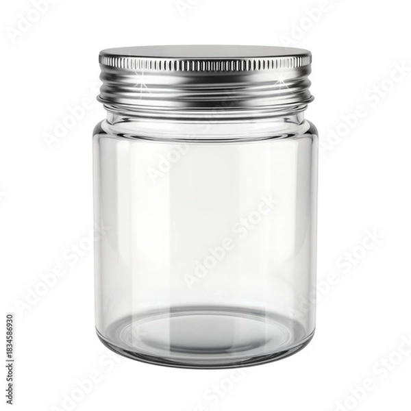 Obraz Empty transparent glass jar with a silver metal screw lid, isolated on a white background.