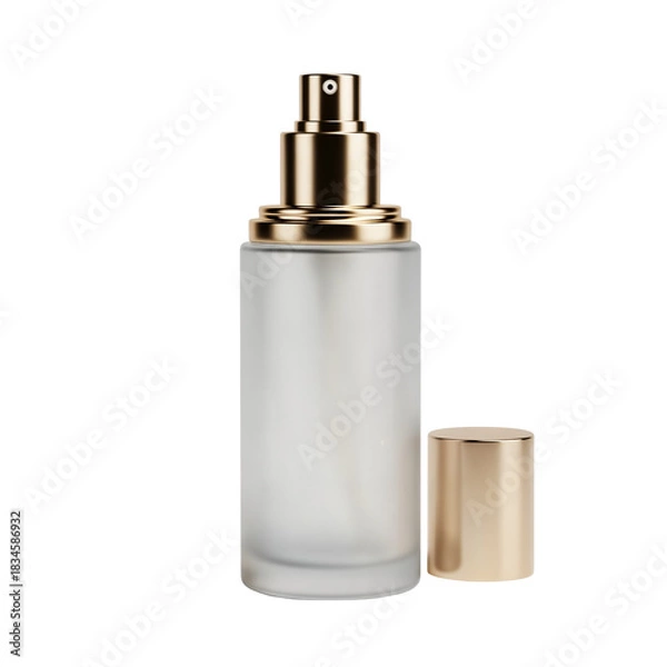 Obraz A frosted glass bottle with a gold pump dispenser and cap, isolated on a white background.