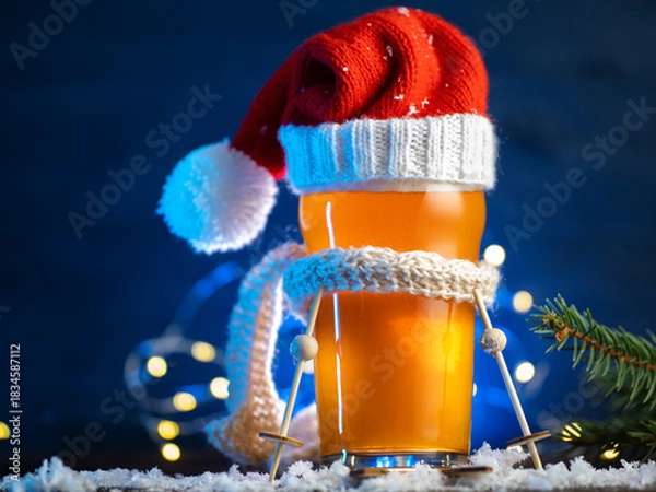 Fototapeta Christmas beer glass in a knitted Santa Claus hat and scarf. Blue background with copy space