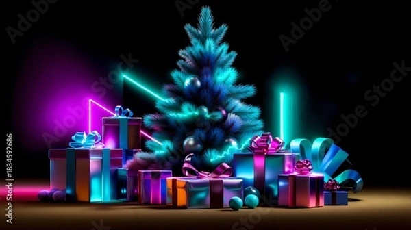 Obraz A Christmas tree surrounded by presents on a dark background