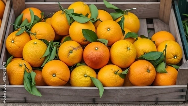 Fototapeta Close-up of Freshly Picked Oranges with Green Leaves Piled High in a Rustic Wooden Crate at a Farmer's Market