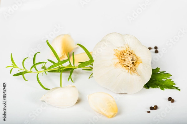 Fototapeta Garlic and herbs isolated on white background