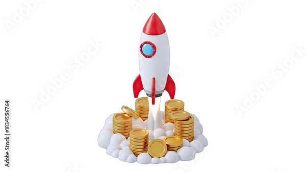 Fototapeta White and Red Rocket Launching Amidst Piles of Golden Coins and White Clouds Against a Transparent Background