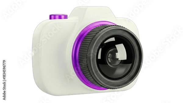 Fototapeta White and Purple Digital Camera with Black Lens Isolated on Transparent Background with Studio Lighting