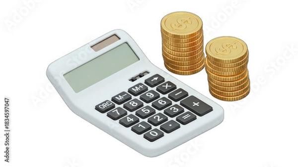 Fototapeta White Calculator and Stacked Gold Coins on Transparent Background Representing Financial Calculations and Wealth Accumulation