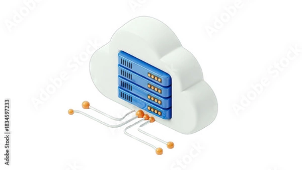 Fototapeta White Cloud Icon Symbolizing Digital Data Storage and Network Connection with Blue Server Racks Isolated on a Clean White Background