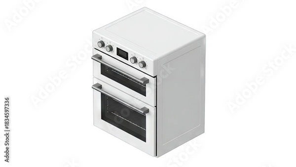 Fototapeta White Double Oven Range With Stainless Steel Accents Isolated On Transparent Background With Digital Display And Control Knobs For Home Kitchen Appliance Photography