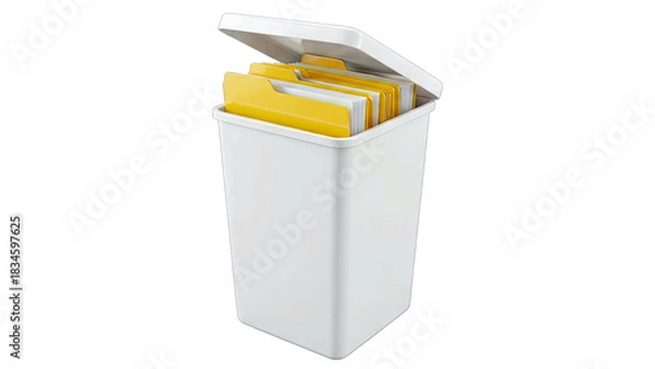 Fototapeta White Trash Can Filled With Yellow Files Open Lid Isolated On Transparent Background With Studio Lighting