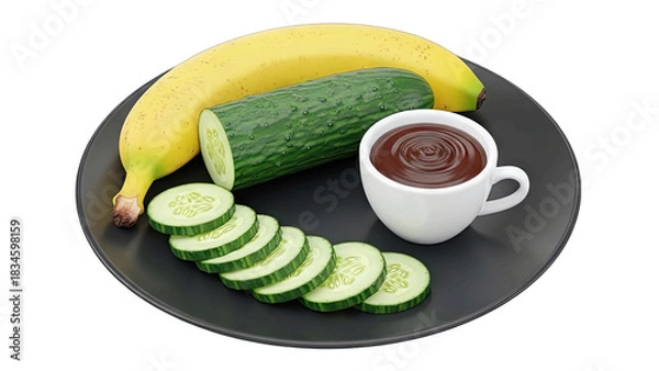 Fototapeta Whole Banana Sliced Cucumber and White Cup Filled With Chocolate Dip on Dark Plate Transparent Background Isolated Healthy Snack Ingredient Fresh Food Preparation