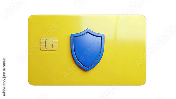 Fototapeta Yellow Credit Card with Blue Shield Symbol for Security and Protection Isolated on Transparent Background Detailed 3D Render