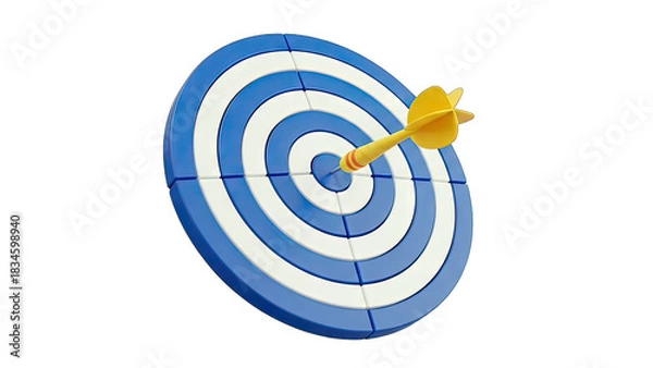 Fototapeta Yellow Dart Hitting Center Bullseye on Blue and White Target Board Isolated on Transparent Background