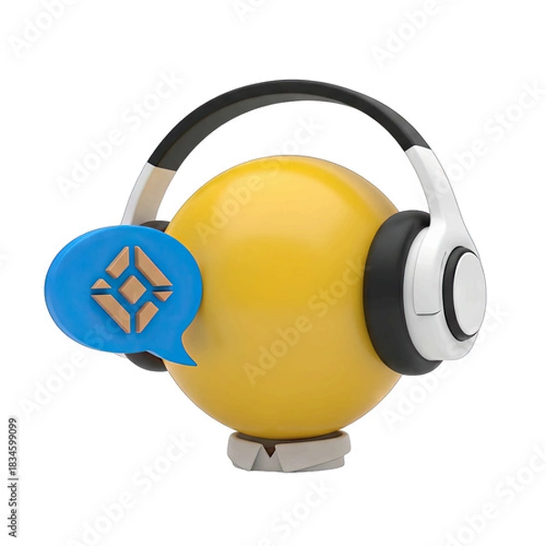Fototapeta Yellow Emoji Character Wearing Headphones and Listening to a Blue Speech Bubble with an Abstract Icon Representing Communication and Customer Service with a Transparent Background