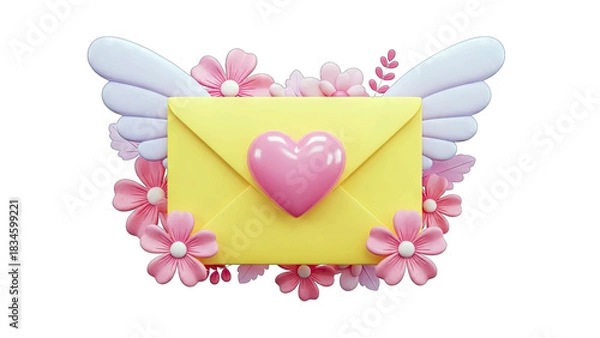 Fototapeta Yellow Envelope with Pink Heart and Delicate Flower Wings Floating on a Transparent Background