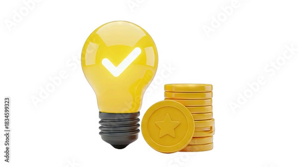 Fototapeta Yellow Lightbulb Illuminated With A White Check Mark Symbol Beside A Stack Of Golden Coins Representing A Successful Idea Or Business Concept On A Transparent Background