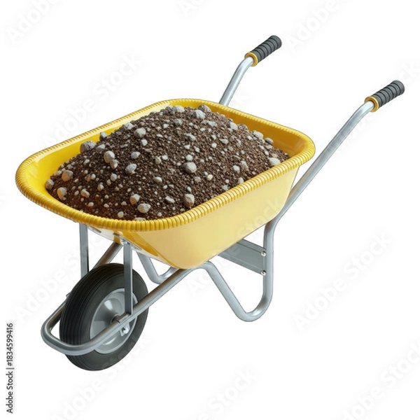 Fototapeta Yellow Metal Wheelbarrow Filled With Dark Soil And Gravel Material Isolated On A White Background With A Single Black Tire And Silver Frame And Black Handles Ready For Gardening Or Construction Use